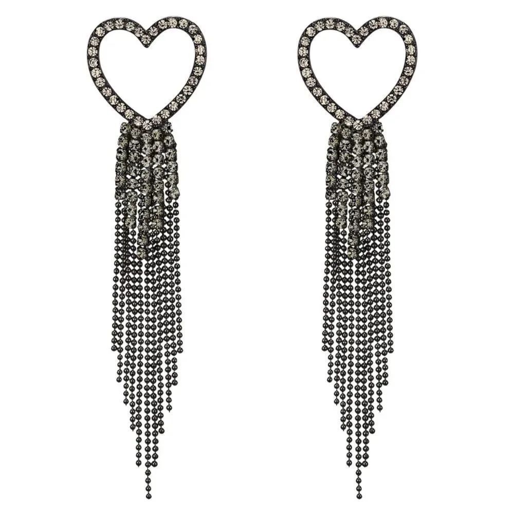 Black with Charcoal Gray Crystal Heart Beaded Tassel Post Back Dangling Earrings
